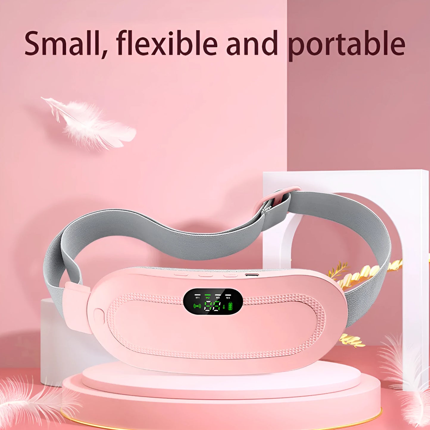 Smart electric heating and vibration massage waist belt with USB charger and screen display controller.
