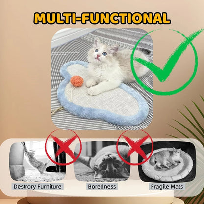 White natural sisal cat scratching mat with sleeping cat cartoon design, mounted on a wall.