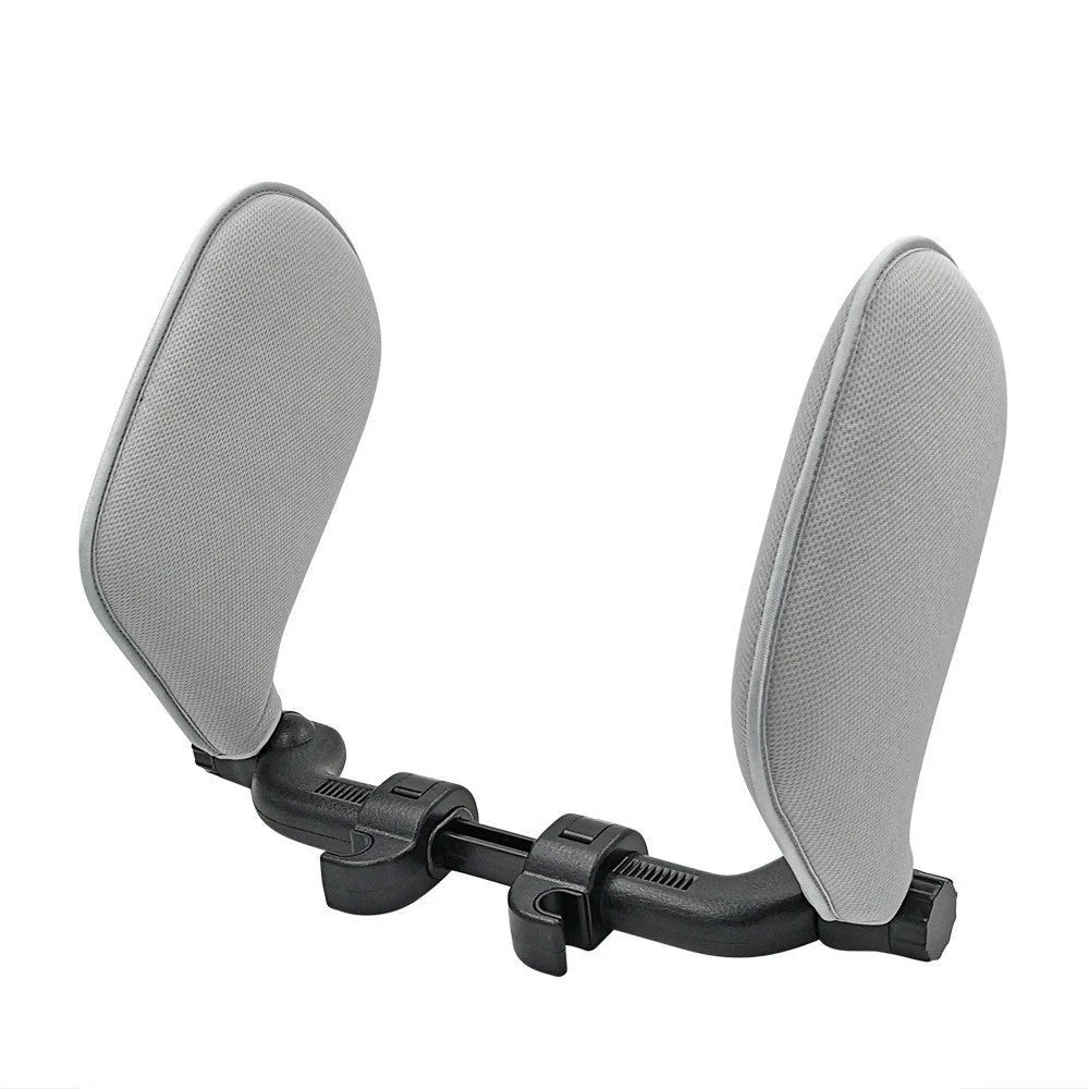 Adjustable car seat headrest pillow with memory foam support in grey, beige, black, and coffee colors
