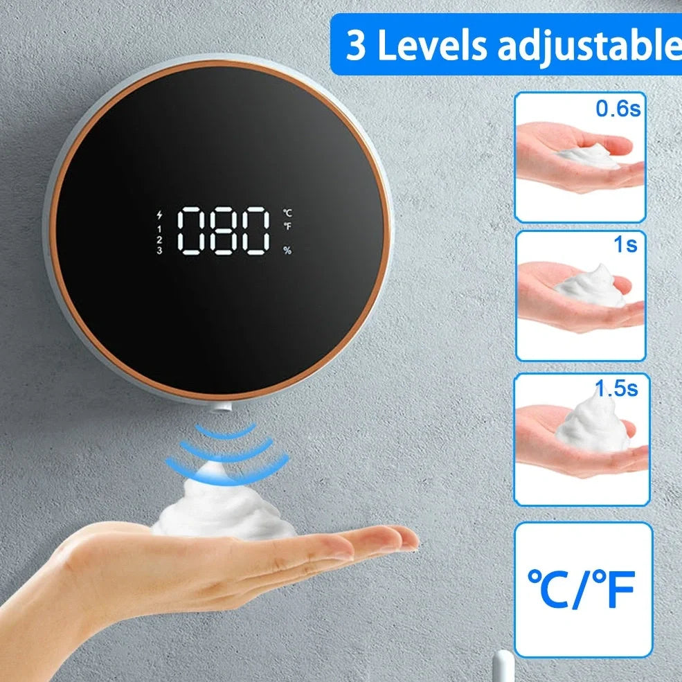 White wall-mounted induction foam soap dispenser with pearl plate finish and touch-free sensor