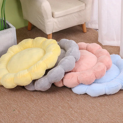 Blue, grey, pink, and yellow 50cm square plush pet bed with half-surrounded petal design.