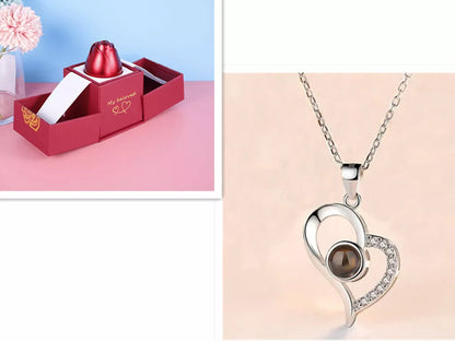 Valentine's Day Metal Rose Jewelry Gift Box Necklace with adjustable crystal necklace and maroon gift box