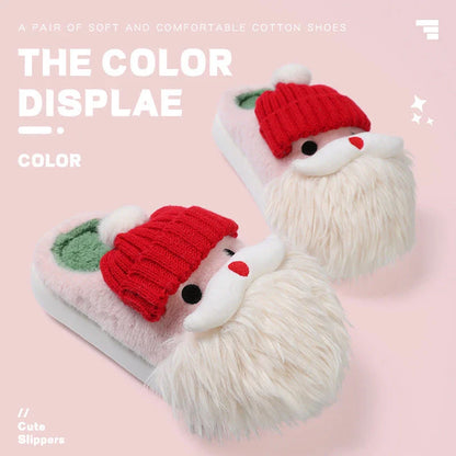 Cozy Christmas Santa Claus-themed slippers in plush material with non-slip soles, available in a range of sizes
