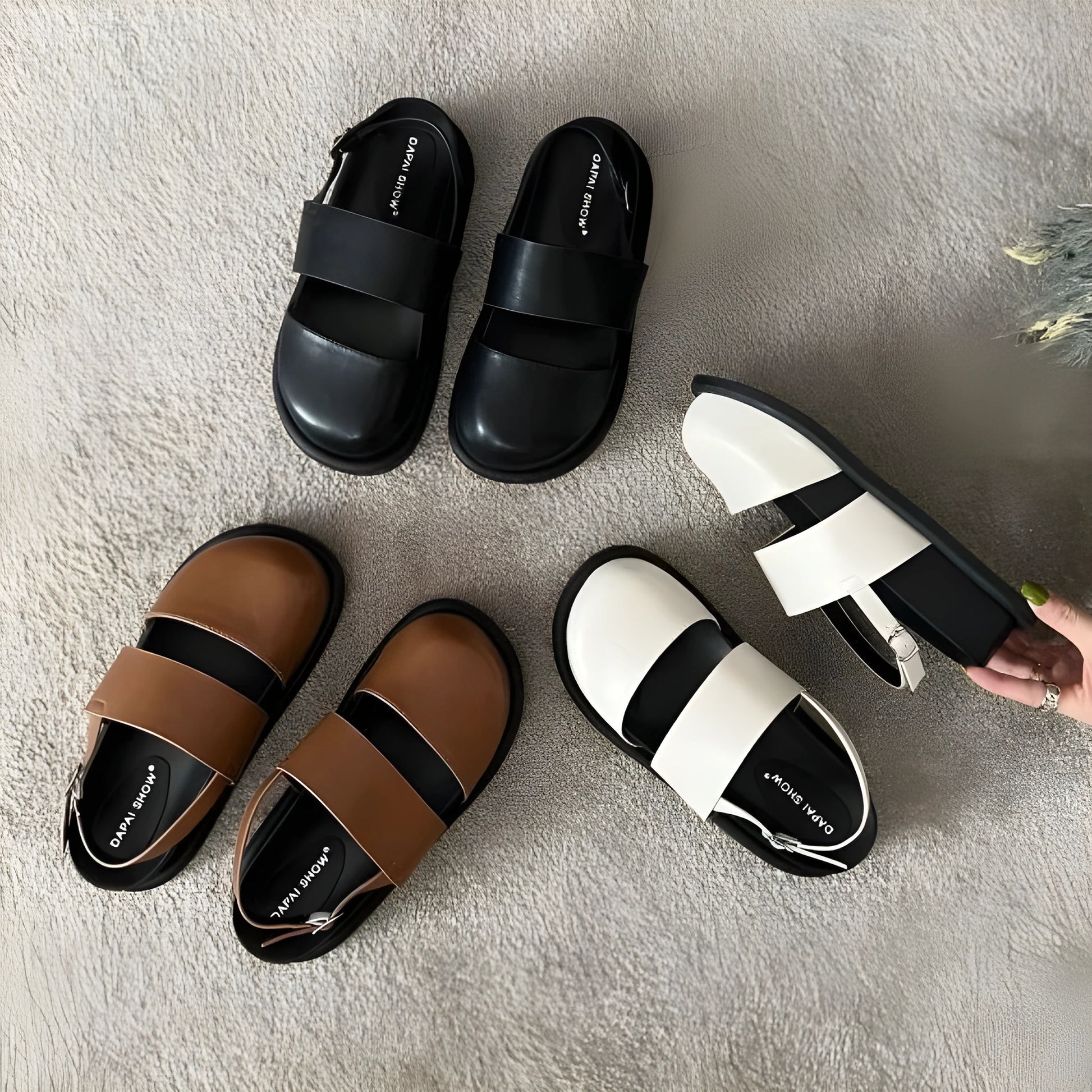 Retro Korean style closed toe sandals with ankle buckle in black, brown, and apricot colours