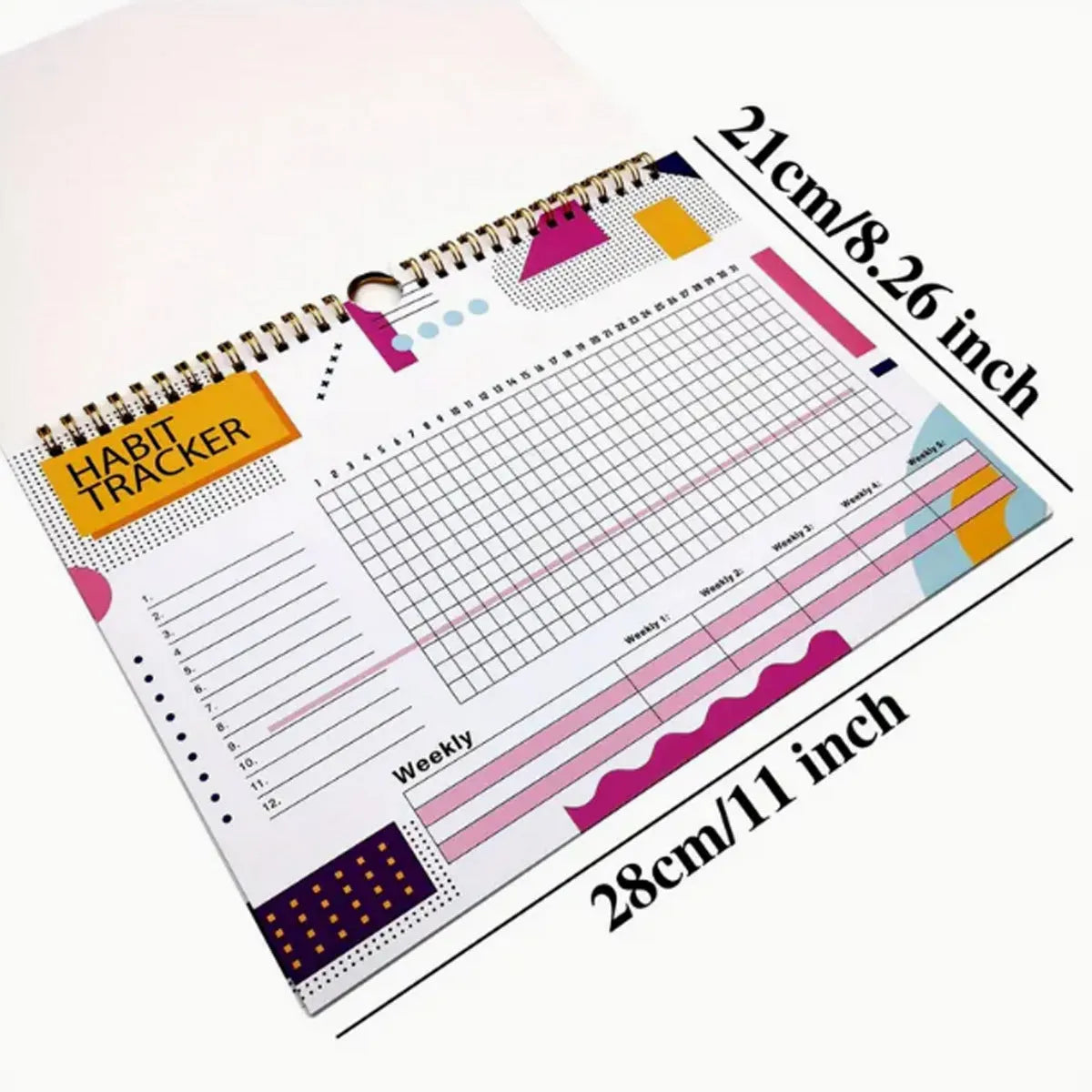 Habit tracking planner book open showing 12 internal pages, measuring 21cm by 28cm.