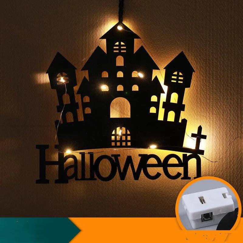 Halloween LED decorative lights with luminescent spider design showing eight colour options including bat, castle, black cat, pumpkin, wizard, ghost, spider, and spider web