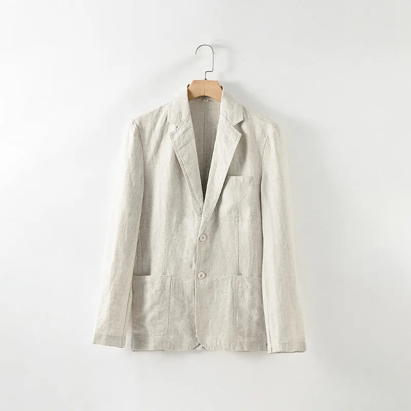 Men's lightweight linen blazer coat in solid colour on hanger showing simple design and size stick pocket