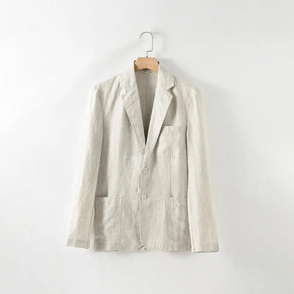 Men's lightweight linen blazer coat in solid colour on hanger showing simple design and size stick pocket