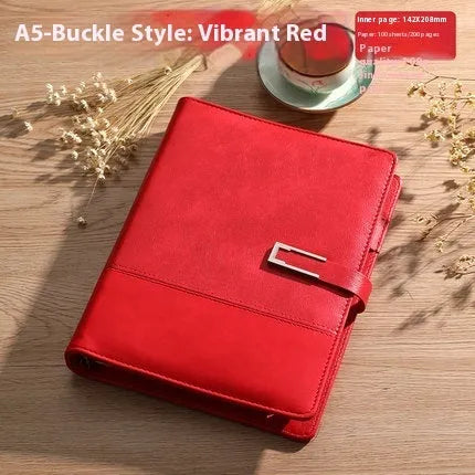 A5 soft PU leather notebook in Business Brown colour, showing thick wood-free paper inside.