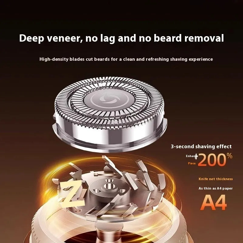 Mini gold and black men's electric shaver with washable design and low-noise brushless motor.