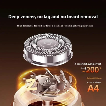 Mini gold and black men's electric shaver with washable design and low-noise brushless motor.