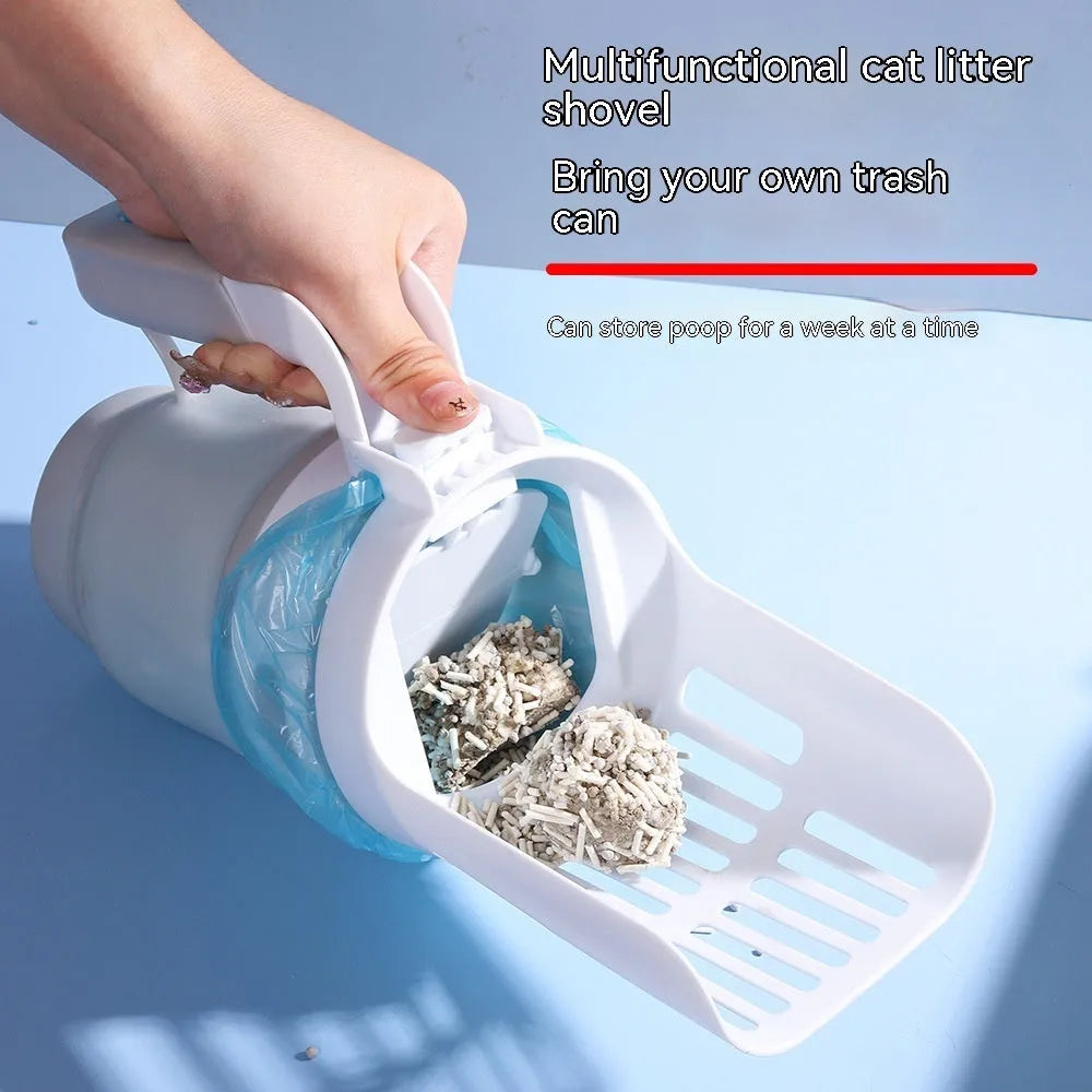 Grey, blue, or green pet litter scoop with attached waste collection bin and foldable bottom