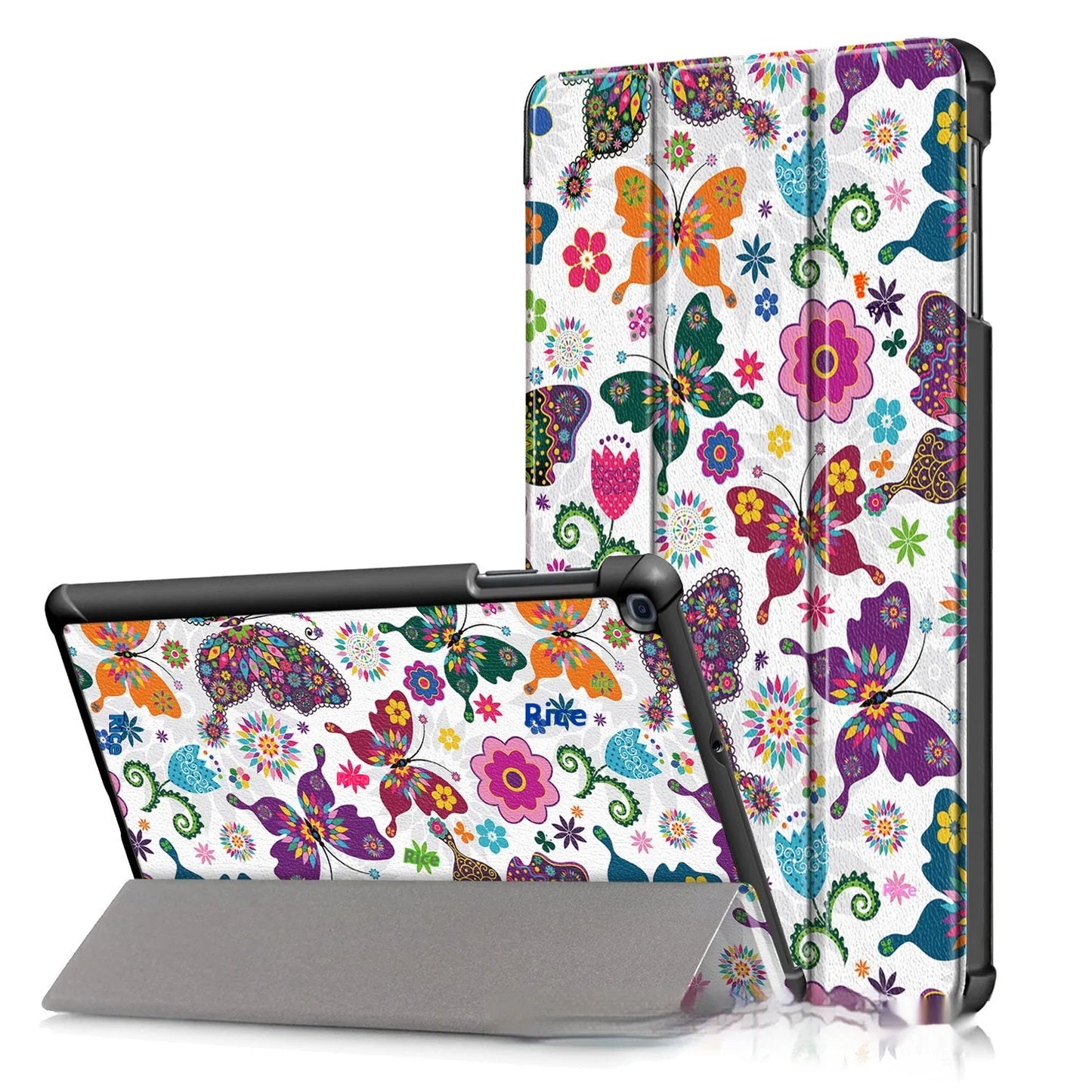 Plastic tri-fold flip cover case for a Samsung tablet showing decorative design options.