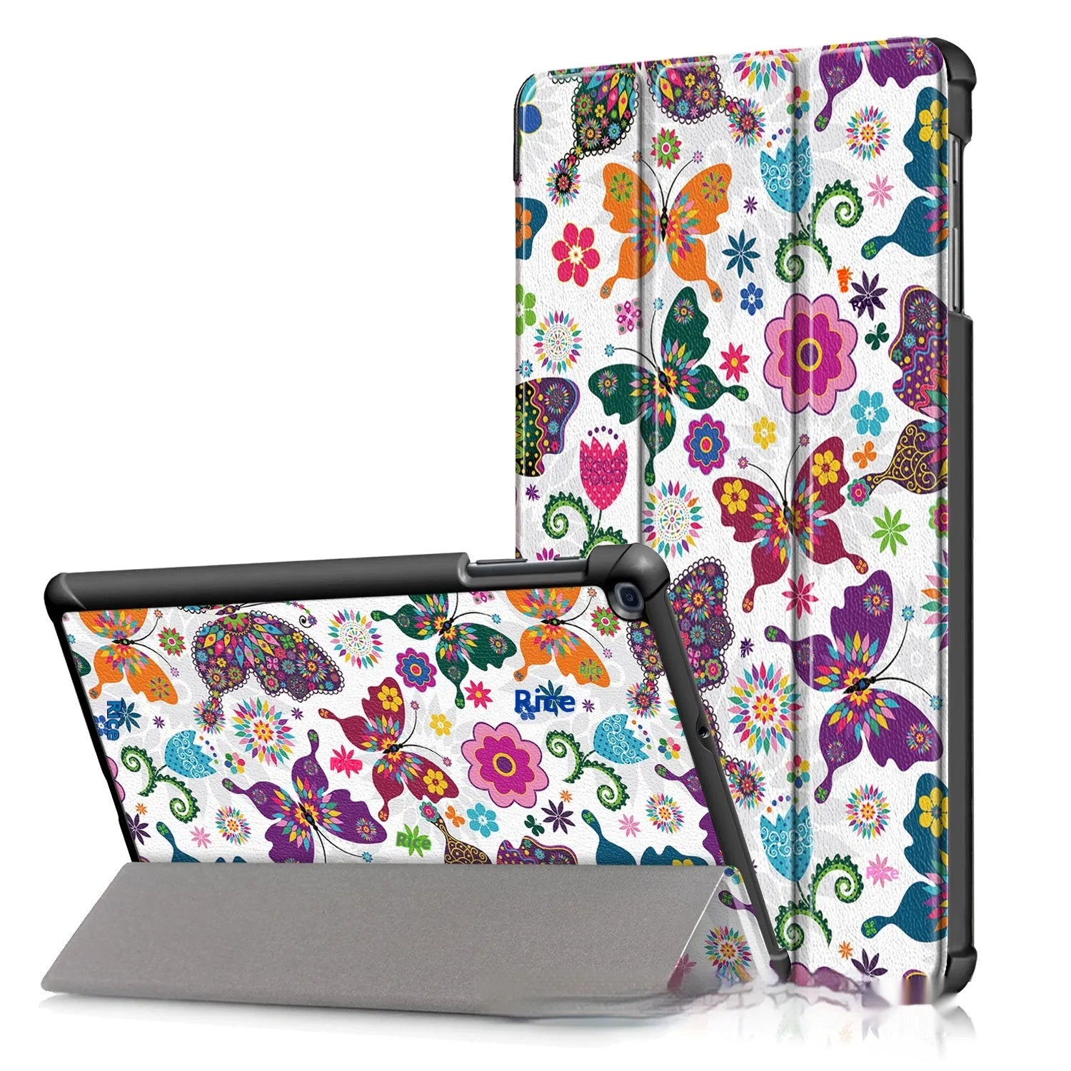 Plastic tri-fold flip cover case for a Samsung tablet showing decorative design options.