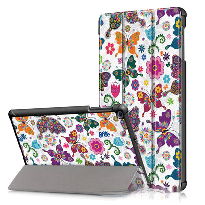 Plastic tri-fold flip cover case for a Samsung tablet showing decorative design options.