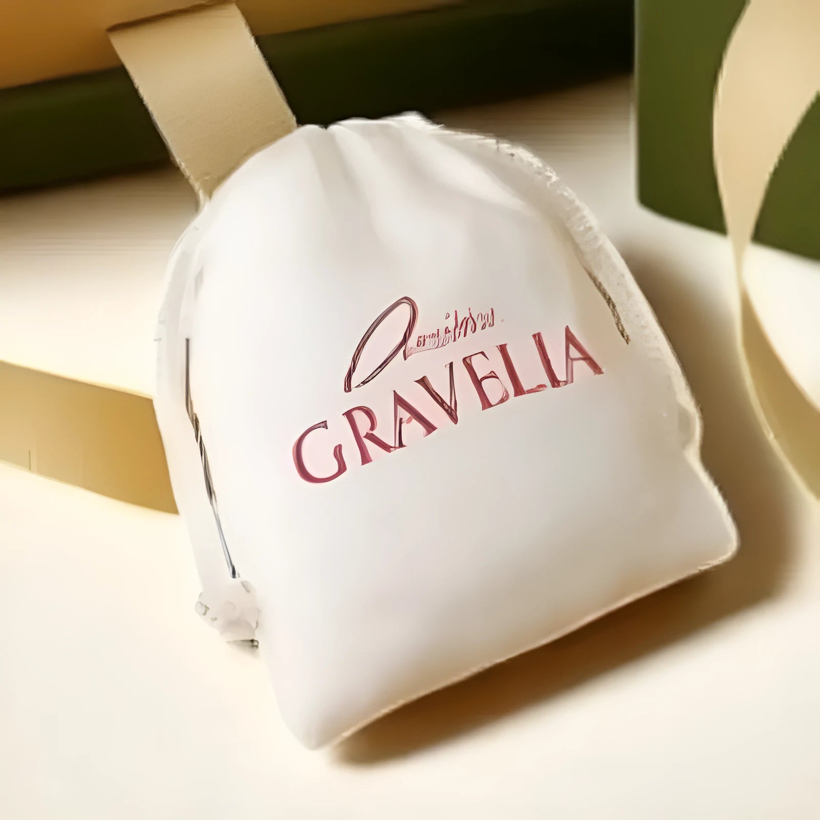 Small white drawstring jewellery bag with flocking texture measuring 12 by 15 centimetres