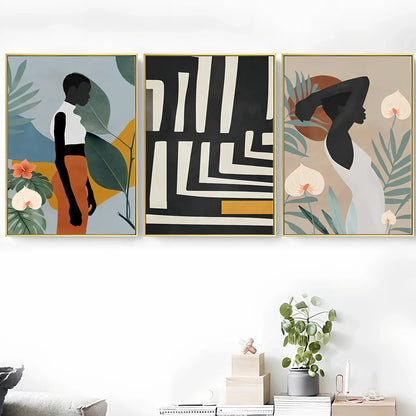 Frameless abstract canvas painting of African women with flower and leaf patterns, spray-painted oil on rectangular canvas, sizes up to 60x100cm