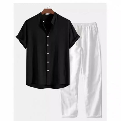 Men's casual loose fit short sleeve shirt and trousers suit in linen-look polyester fabric, available in multiple colours