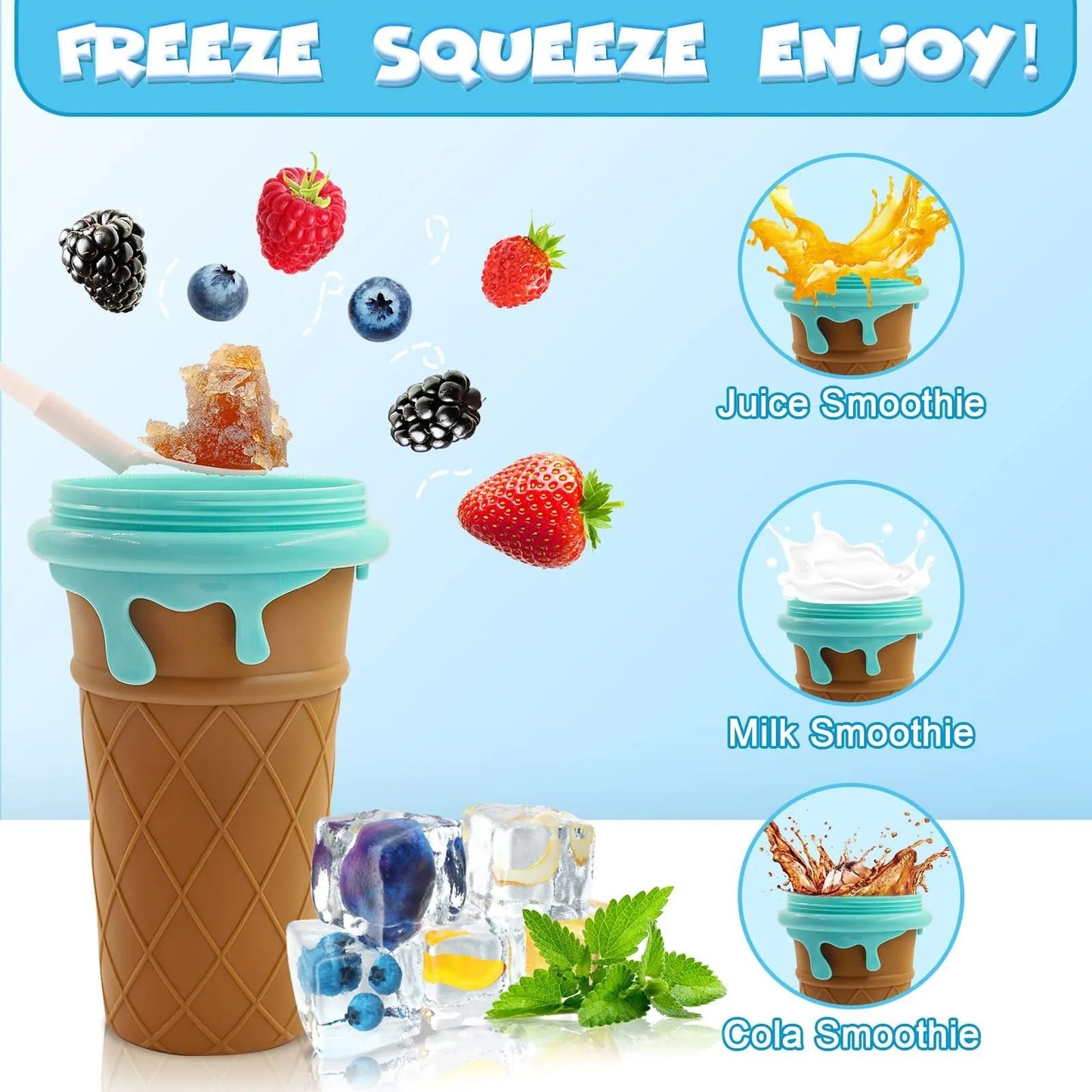 Blue 500ml slushy maker cup with squeeze bottle design for quick-frozen smoothies and homemade ice cream