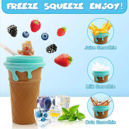 Blue 500ml slushy maker cup with squeeze bottle design for quick-frozen smoothies and homemade ice cream