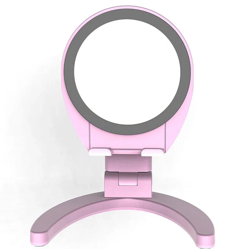 Adjustable phone stand with built-in makeup mirror for hands-free viewing and on-the-go grooming