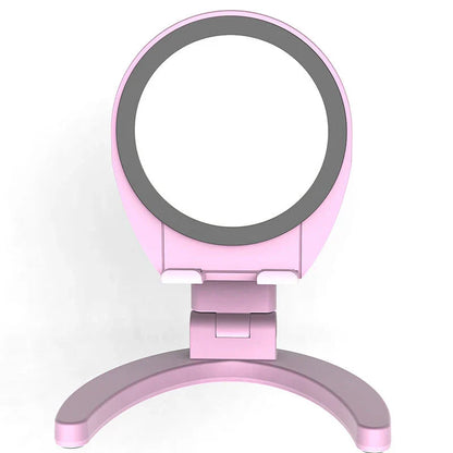 Adjustable phone stand with built-in makeup mirror for hands-free viewing and on-the-go grooming