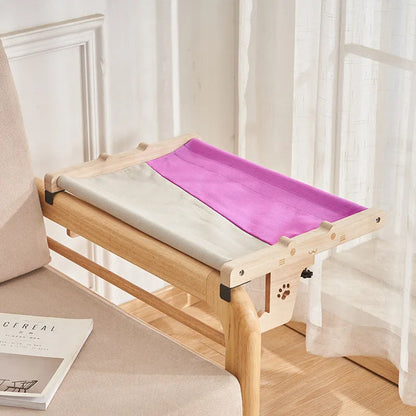 Wooden cat hanging bed hammock mounted by a window in a choice of seven colours