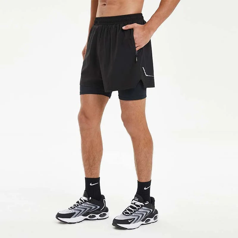 Men's black quick-dry running shorts with built-in liner for summer fitness