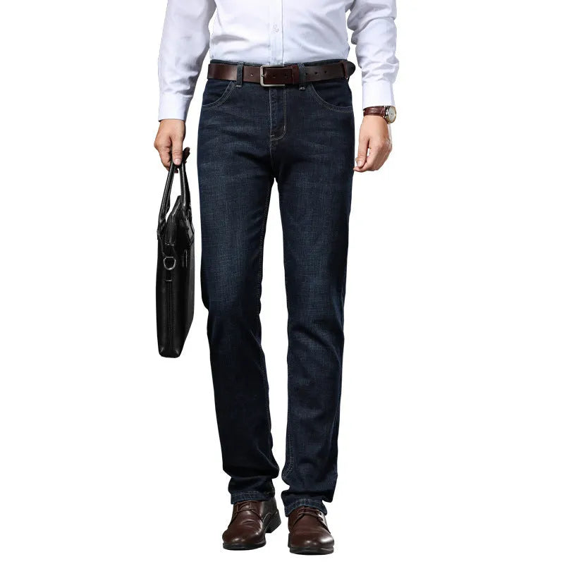 Men's straight-leg stretch jeans in black or blue denim with a zip fly, shown laid flat.