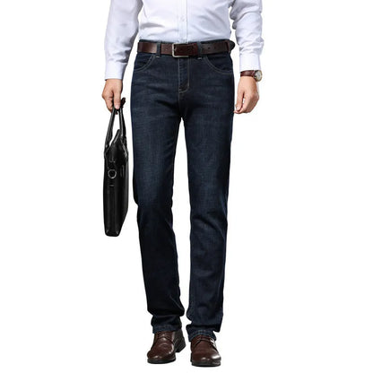 Men's straight-leg stretch jeans in black or blue denim with a zip fly, shown laid flat.