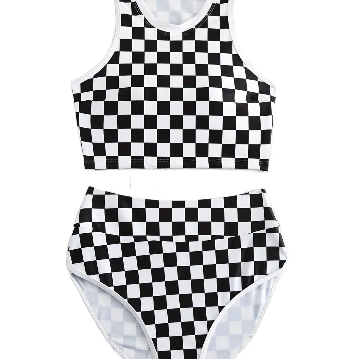 Women's checkerboard print backless one-piece swimsuit with suspender straps for swimming.