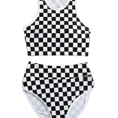 Women's checkerboard print backless one-piece swimsuit with suspender straps for swimming.