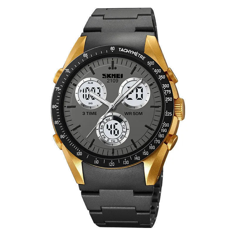 Electronic casual watch with resin mirror and TPU strap showing camouflage pattern, 50m water resistant
