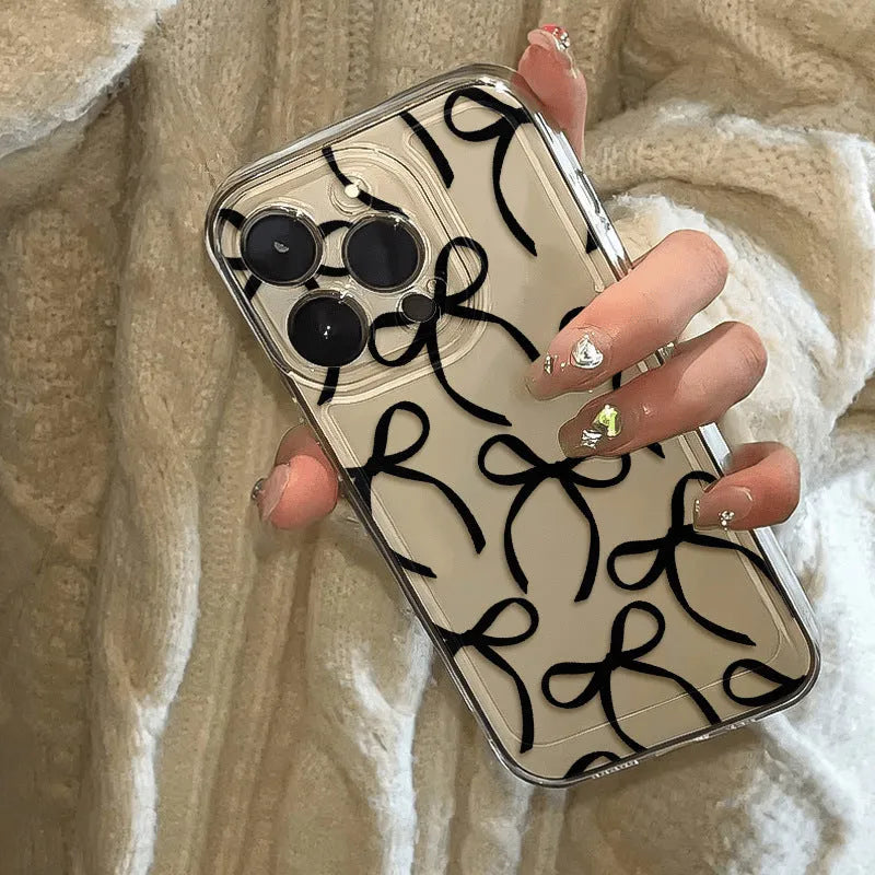 Black ribbon bow transparent soft TPU phone case for iPhone with anti-fall function and sprayed finish.