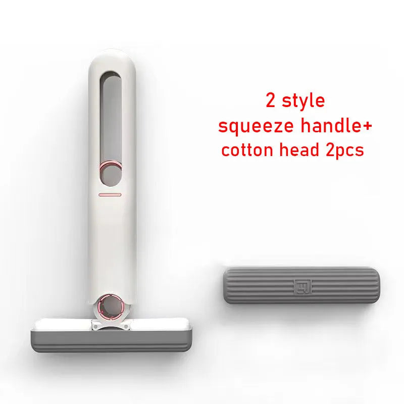 Mini sponge squeeze mop with plastic handle and biodegradable cotton cleaning head on various surfaces