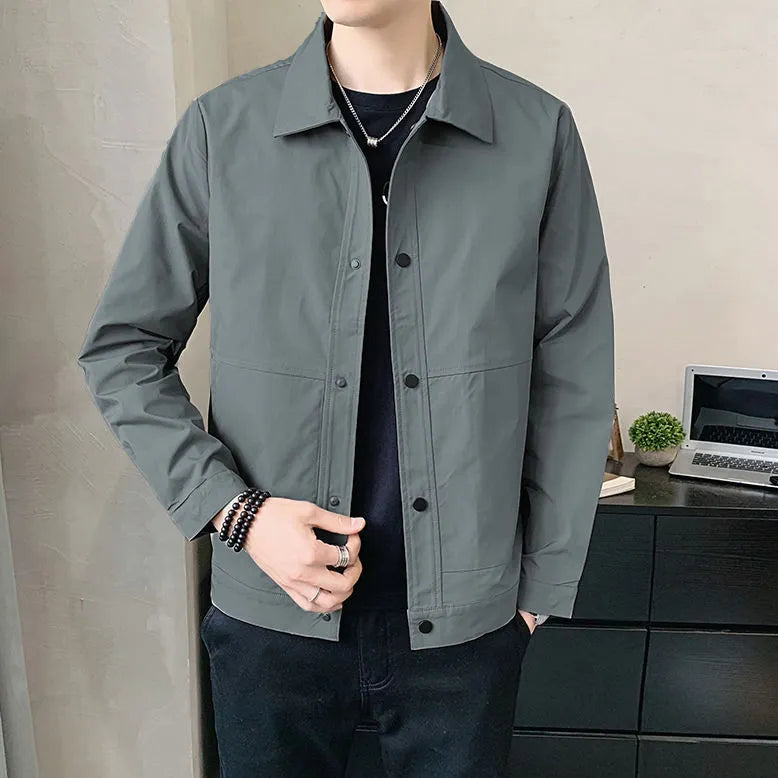 Men's single-layer Korean style jacket in light grey, showing front view and stitching detail.