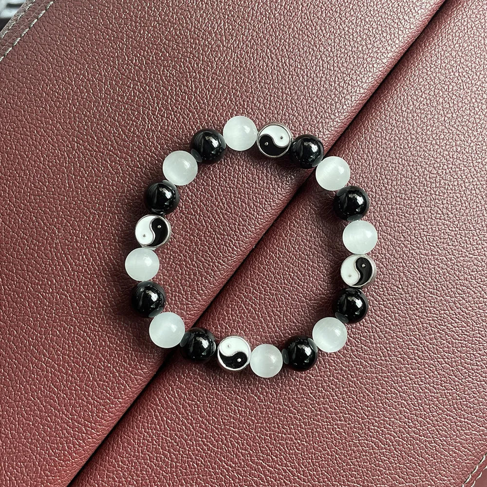 Opal agate Tai Chi bracelet with black agate inlays, 10mm beads, Chinese style design for men and women
