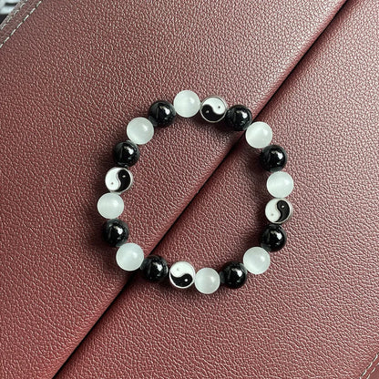 Opal agate Tai Chi bracelet with black agate inlays, 10mm beads, Chinese style design for men and women