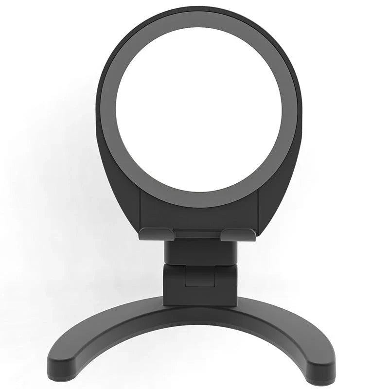 Adjustable phone stand with built-in makeup mirror for hands-free viewing and on-the-go grooming