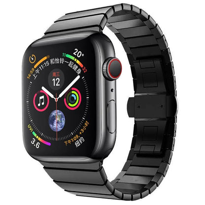 Stainless steel metal chain Apple Watch strap with butterfly buckle in silver.