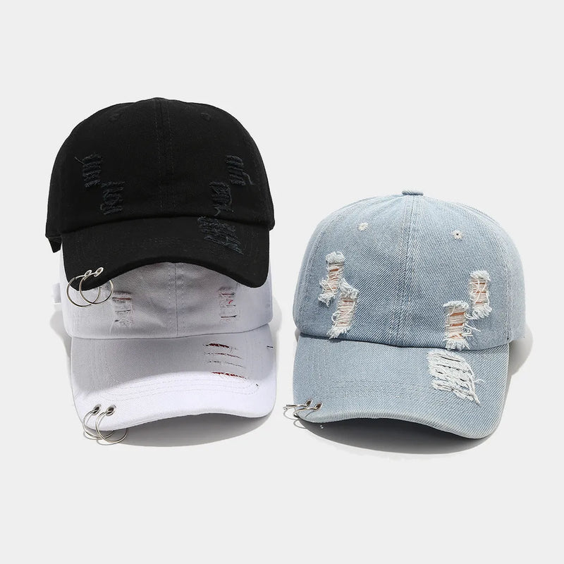 Men's retro streetwear peaked cap with adjustable size dome crown design in cotton denim fabric, suitable for sun protection during spring, summer and autumn seasons, available in black, white and light blue jeans colours for hip hop style