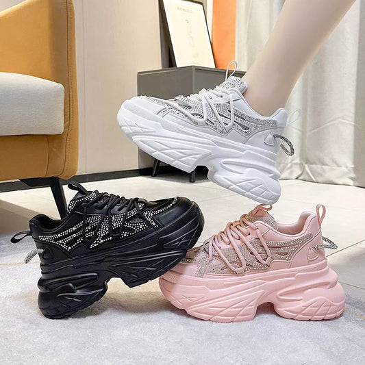 Women's summer mesh breathable sneakers with mid heel in black, white, and pink