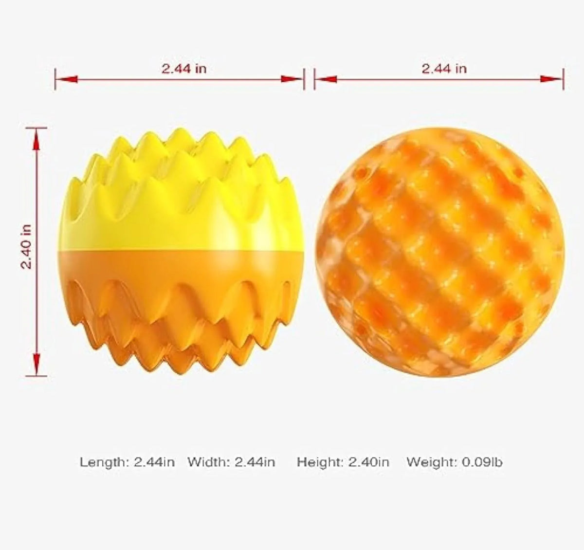 Blue and orange spiky rubber dog ball with squeaker for teeth cleaning and water fetch.