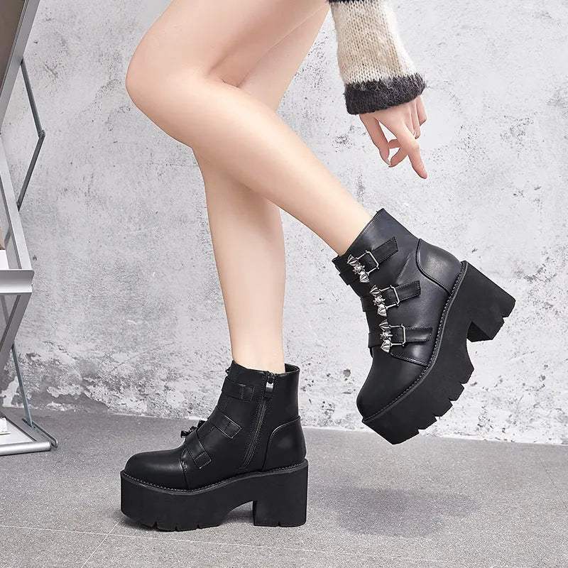 Black Harajuku punk bat buckle gothic short boots with side zipper and thick heel