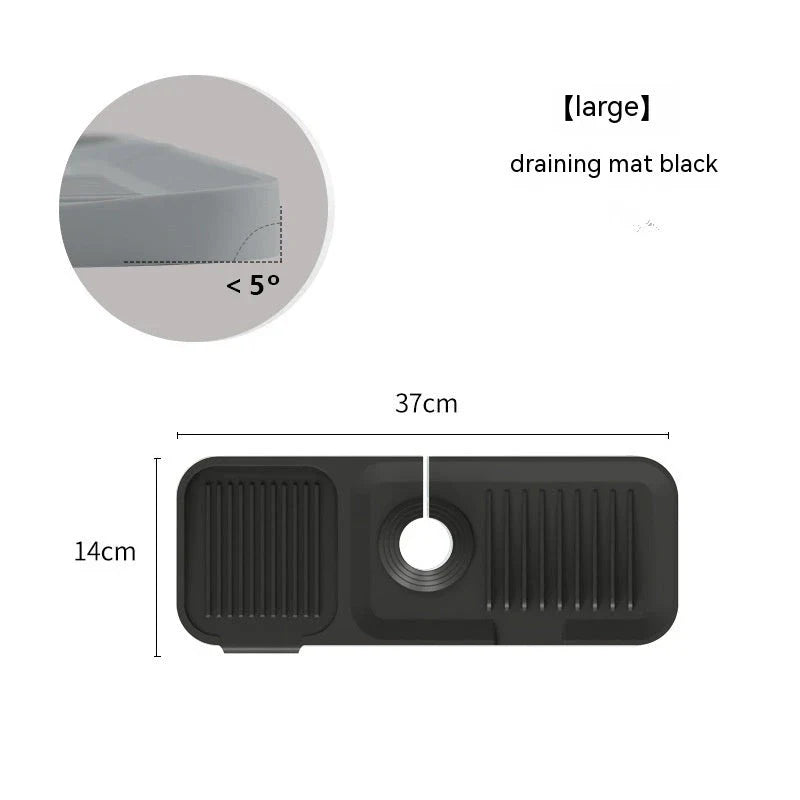 Silicone faucet splash guard with sloped design and dual drains for efficient water drainage in kitchen and bathroom sinks