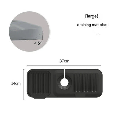 Silicone faucet splash guard with sloped design and dual drains for efficient water drainage in kitchen and bathroom sinks