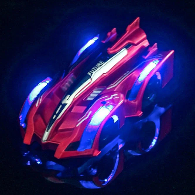 RC Wall Climbing Car defying gravity on a ceiling with LED lights on
