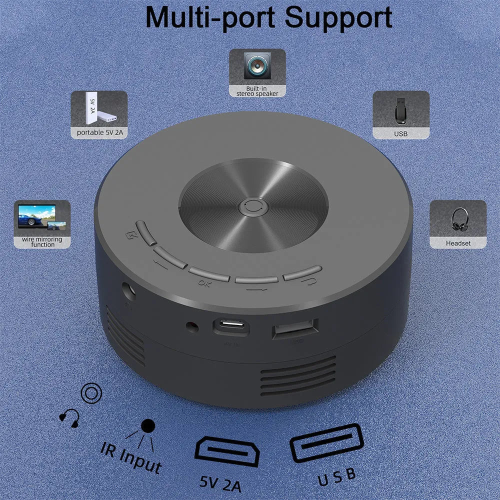 Black portable children's mobile phone projector with compact 110mm ABS plastic housing for home and outdoor use