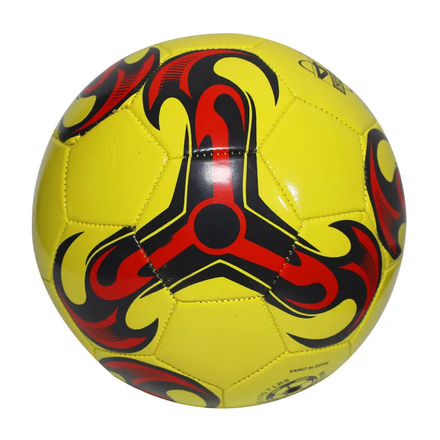 PVC machine-seam training football shown in red whirlwind colour design for size 4.
