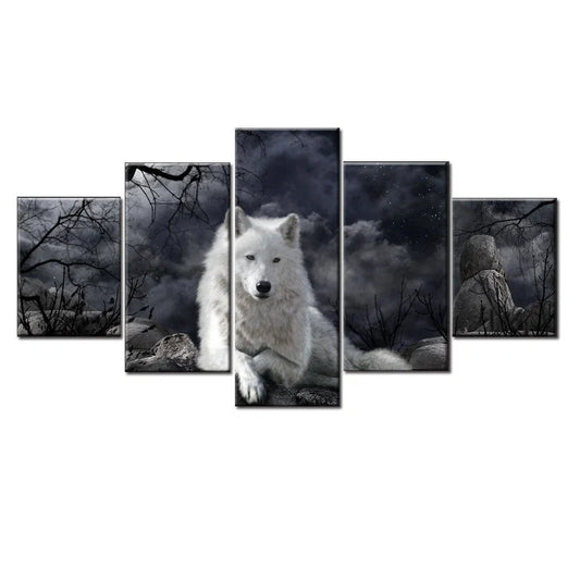 Frameless 5 panel wolf canvas wall art print in realistic style, sizes up to 30x80cm, machine-printed for home decor